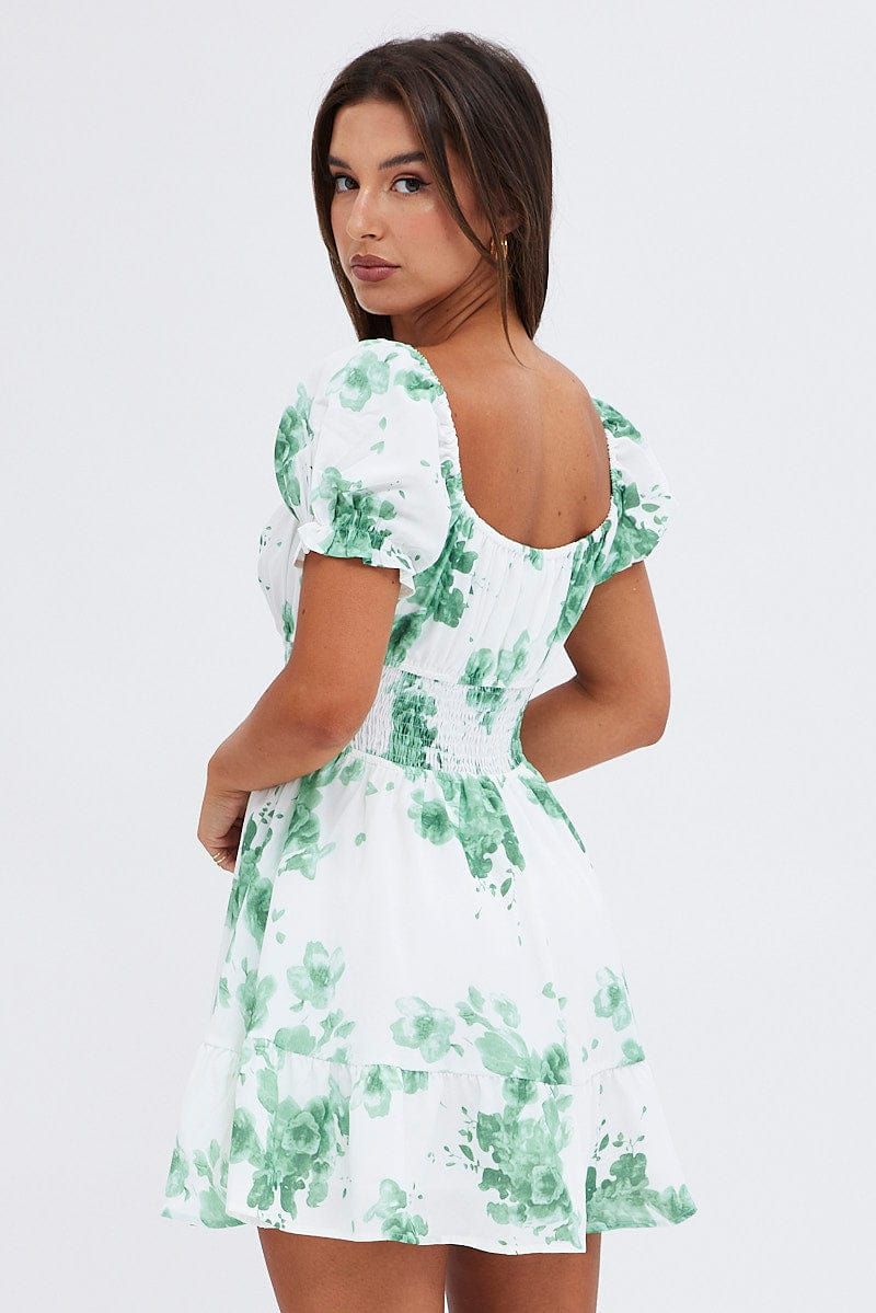 Green Floral Fit and Flare Dress Short Sleeve Ruched Bust sold by Ally Fashion product image thumbnail 5