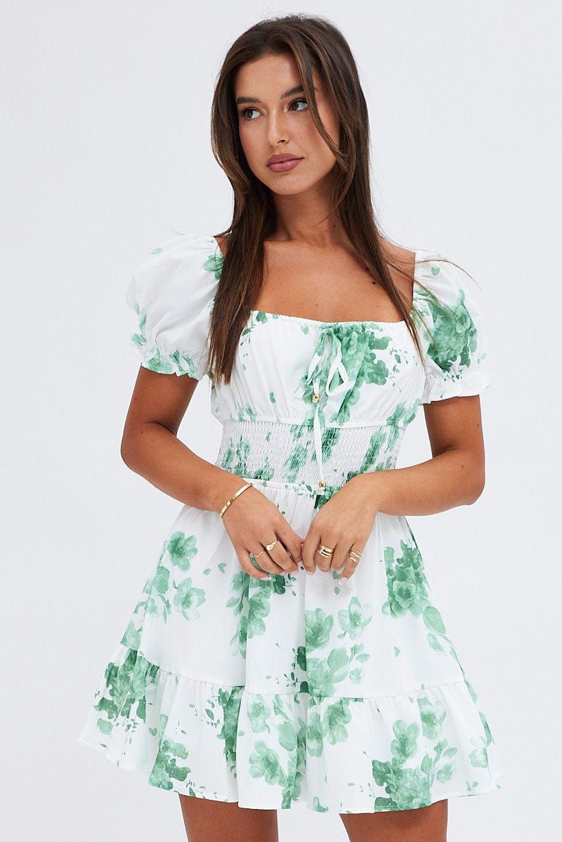 Green Floral Fit and Flare Dress Short Sleeve Ruched Bust sold by Ally Fashion product image thumbnail 3