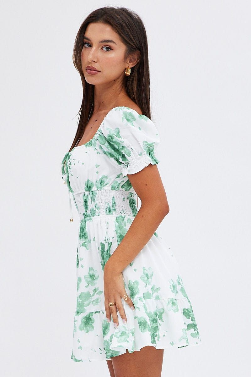 Green Floral Fit and Flare Dress Short Sleeve Ruched Bust sold by Ally Fashion product image thumbnail 4