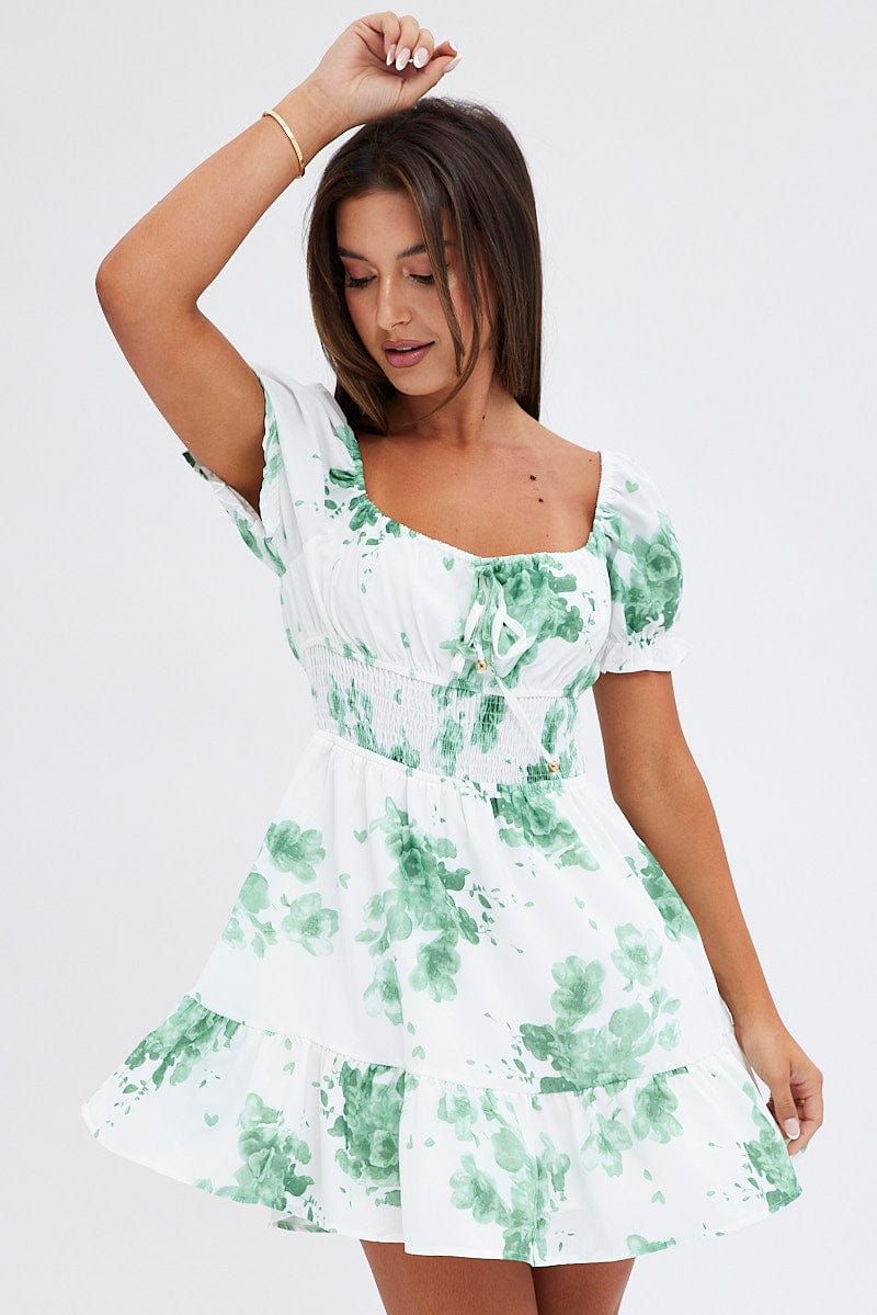Green Floral Fit and Flare Dress Short Sleeve Ruched Bust sold by Ally Fashion