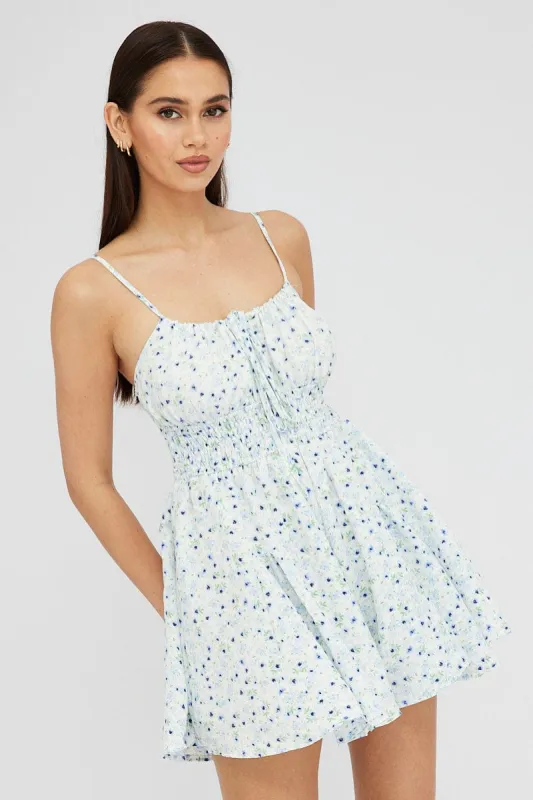 Blue Ditsy Ruffle Playsuit Sleeveless sold by Ally Fashion