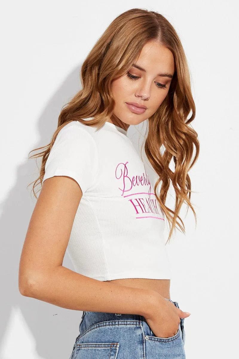 Pink Crop Tee Embroidered Beverly Hills Slogan Tshirt sold by Ally Fashion product image thumbnail 4