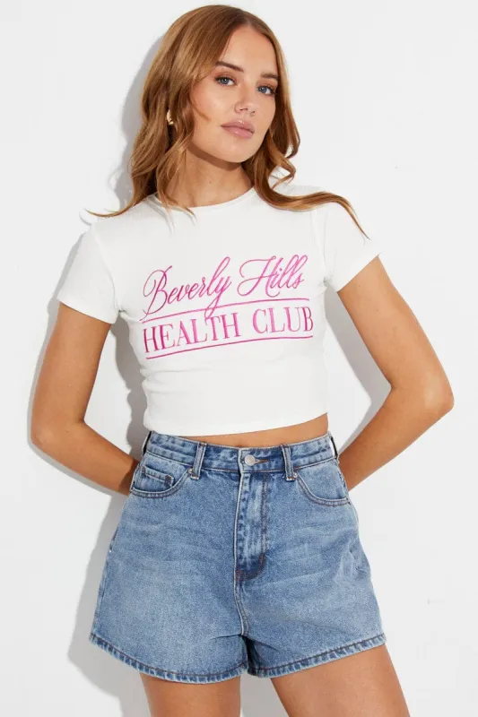 Pink Crop Tee Embroidered Beverly Hills Slogan Tshirt sold by Ally Fashion