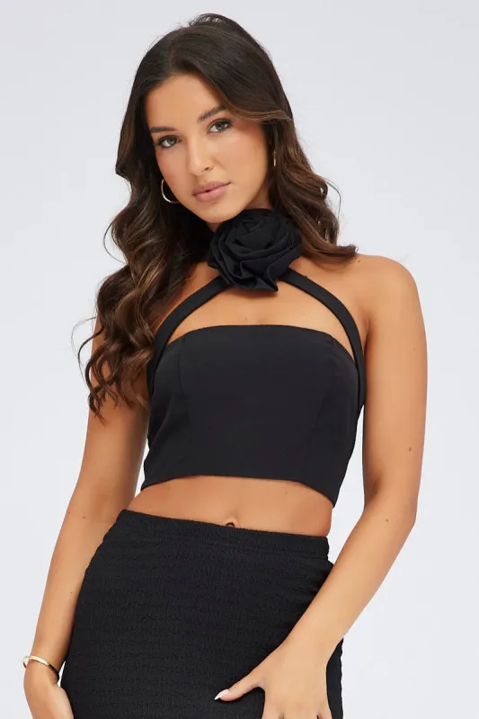 Black Crop Top Halter Neck Rose Rosette Detail sold by Ally Fashion