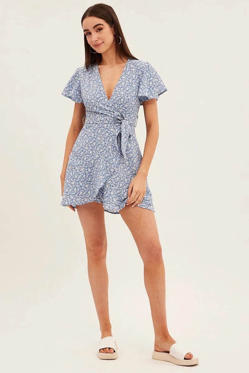 Blue Floral Wrap Dress Short Sleeve Mini Fit And Flare sold by Ally Fashion product image thumbnail 2