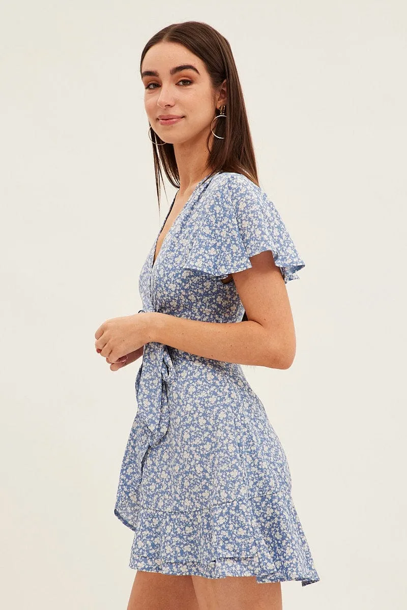 Blue Floral Wrap Dress Short Sleeve Mini Fit And Flare sold by Ally Fashion product image thumbnail 4