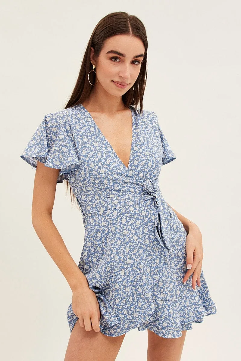 Blue Floral Wrap Dress Short Sleeve Mini Fit And Flare sold by Ally Fashion