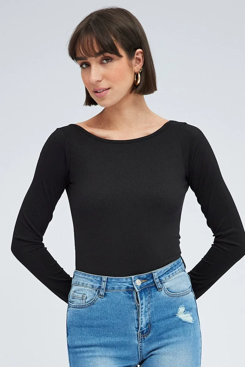 Black Bodysuit Long Sleeve Crew Neck Rib sold by Ally Fashion