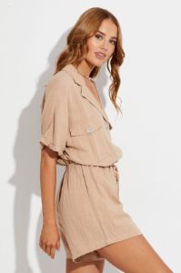 Beige Playsuit Short Sleeve V-Neck Linen Blend sold by Ally Fashion