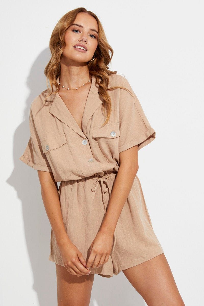 Beige Playsuit Short Sleeve V-Neck Linen Blend sold by Ally Fashion