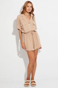 Beige Playsuit Short Sleeve V-Neck Linen Blend sold by Ally Fashion