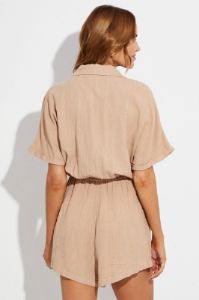 Beige Playsuit Short Sleeve V-Neck Linen Blend sold by Ally Fashion