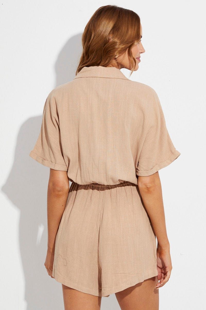 Beige Playsuit Short Sleeve V-Neck Linen Blend sold by Ally Fashion product image thumbnail 5