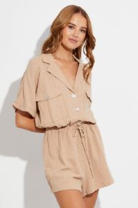Beige Playsuit Short Sleeve V-Neck Linen Blend sold by Ally Fashion