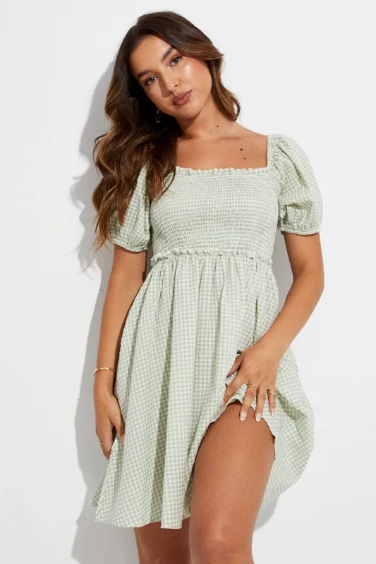 Green Check Fit And Flare Dress Short Sleeve Back Lace Up sold by Ally Fashion