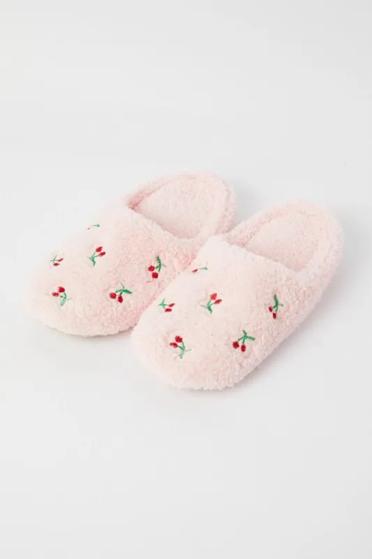 Pink Cherry Embroidery Fluffy Slippers sold by Ally Fashion
