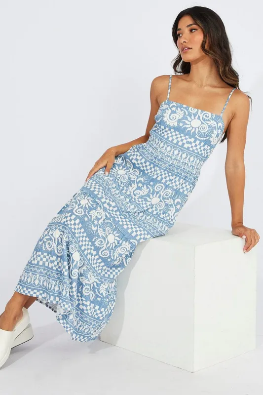 Blue Abstract Maxi Dress Tiered Strappy sold by Ally Fashion