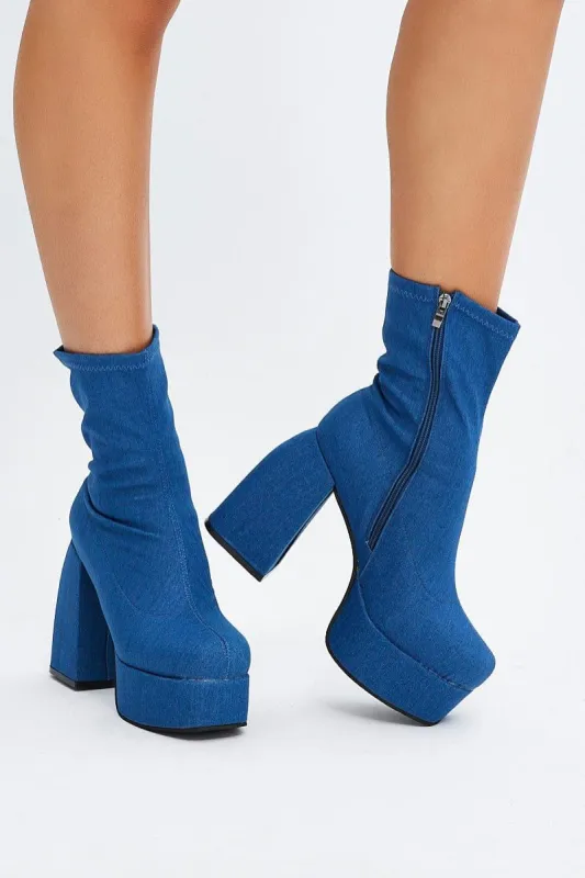Blue Denim Chunky Platform Ankle Boots sold by Ally Fashion