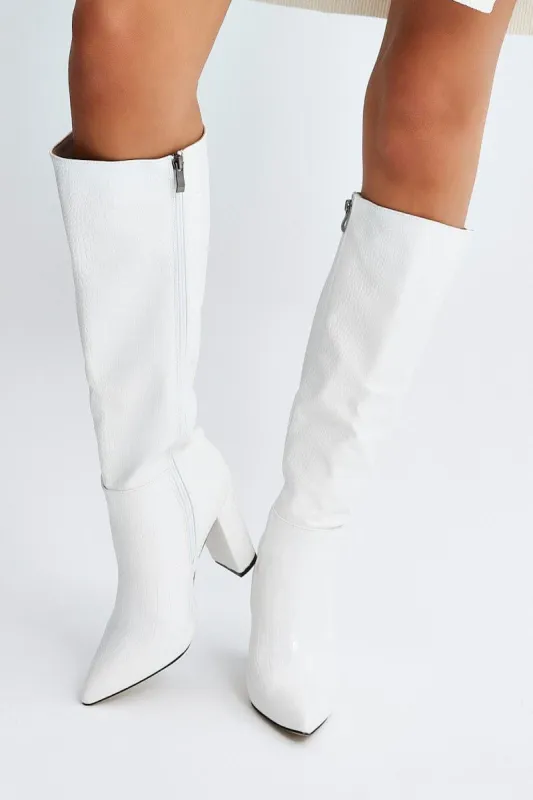 White Heeled Knee High Boots in Croc sold by Ally Fashion