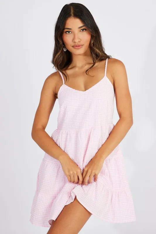 Pink Check Fit and Flare Dress Sleeveless Tiered sold by Ally Fashion