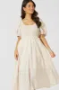 Beige Check Midi Dress Short Sleeve Shirred sold by Ally Fashion