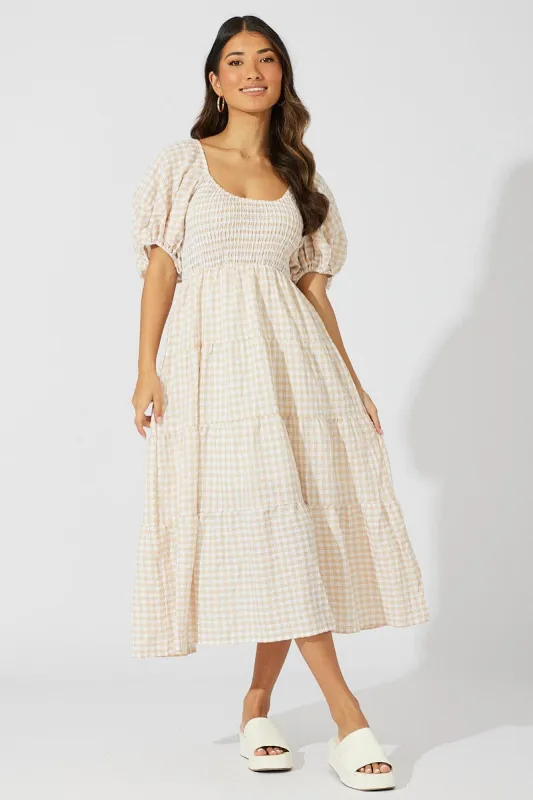 Beige Check Midi Dress Short Sleeve Shirred sold by Ally Fashion