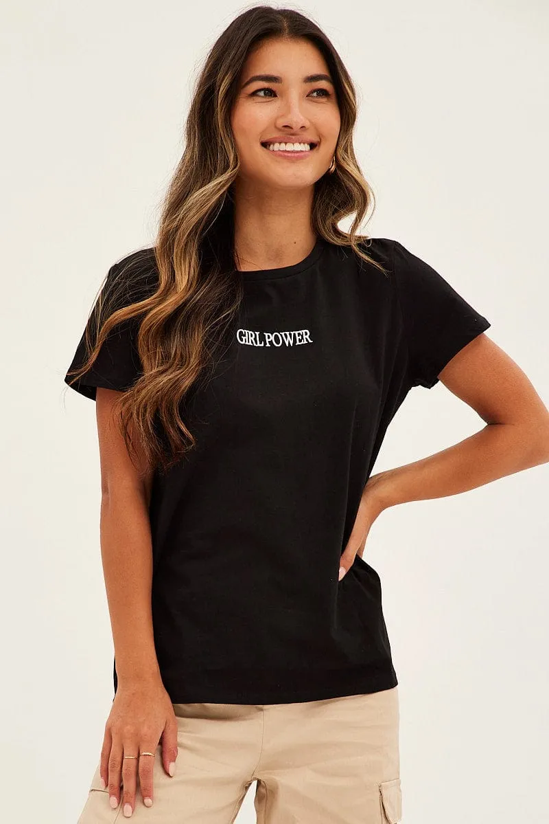 Black Embroidered Slogan Girl Power T-Shirt sold by Ally Fashion product image thumbnail 3