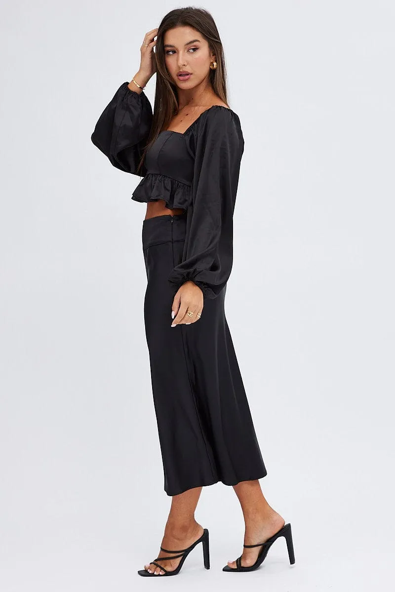 Black Midi Skirt High Waisted Satin Bias Cut sold by Ally Fashion product image thumbnail 4