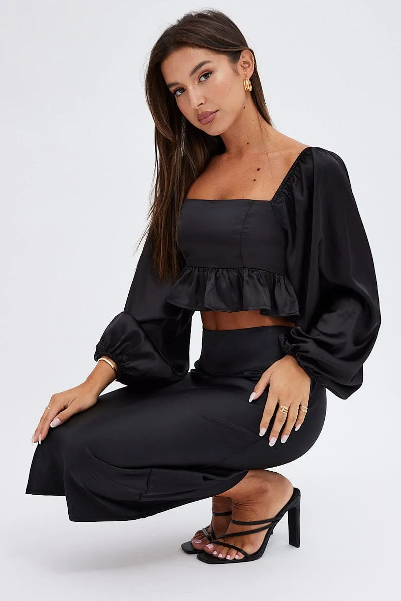 Black Midi Skirt High Waisted Satin Bias Cut sold by Ally Fashion