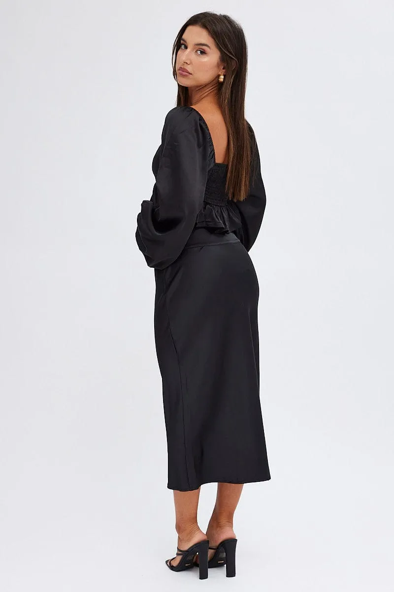 Black Midi Skirt High Waisted Satin Bias Cut sold by Ally Fashion product image thumbnail 5