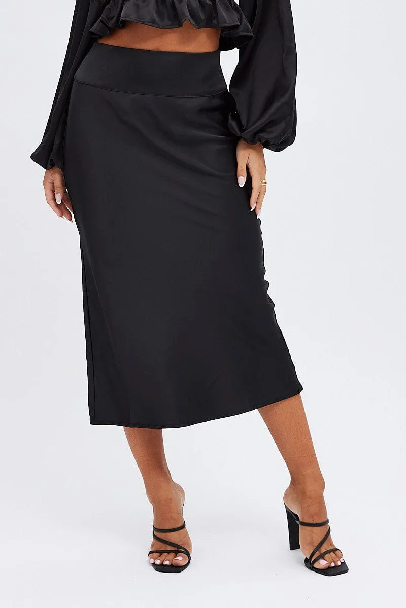 Black Midi Skirt High Waisted Satin Bias Cut sold by Ally Fashion product image thumbnail 2