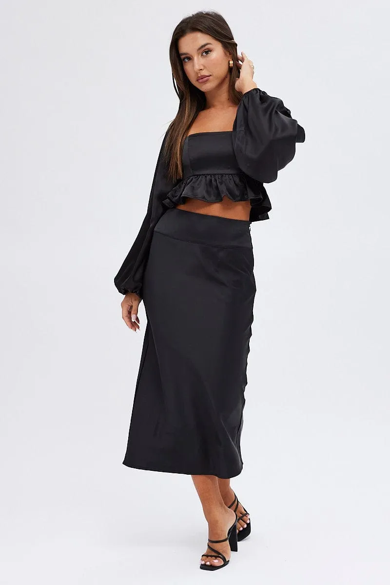 Black Midi Skirt High Waisted Satin Bias Cut sold by Ally Fashion product image thumbnail 3