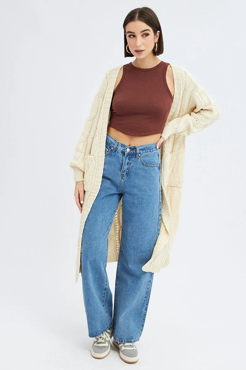 Camel Longline Cardigan Cable Knit sold by Ally Fashion