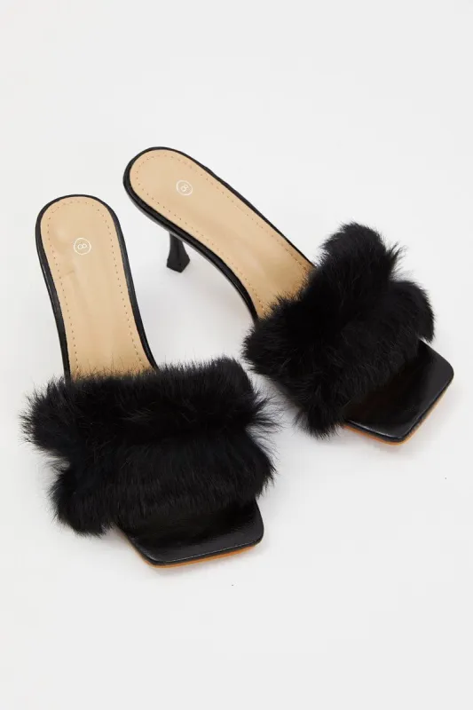 Black Faux Fur Heel Mules sold by Ally Fashion