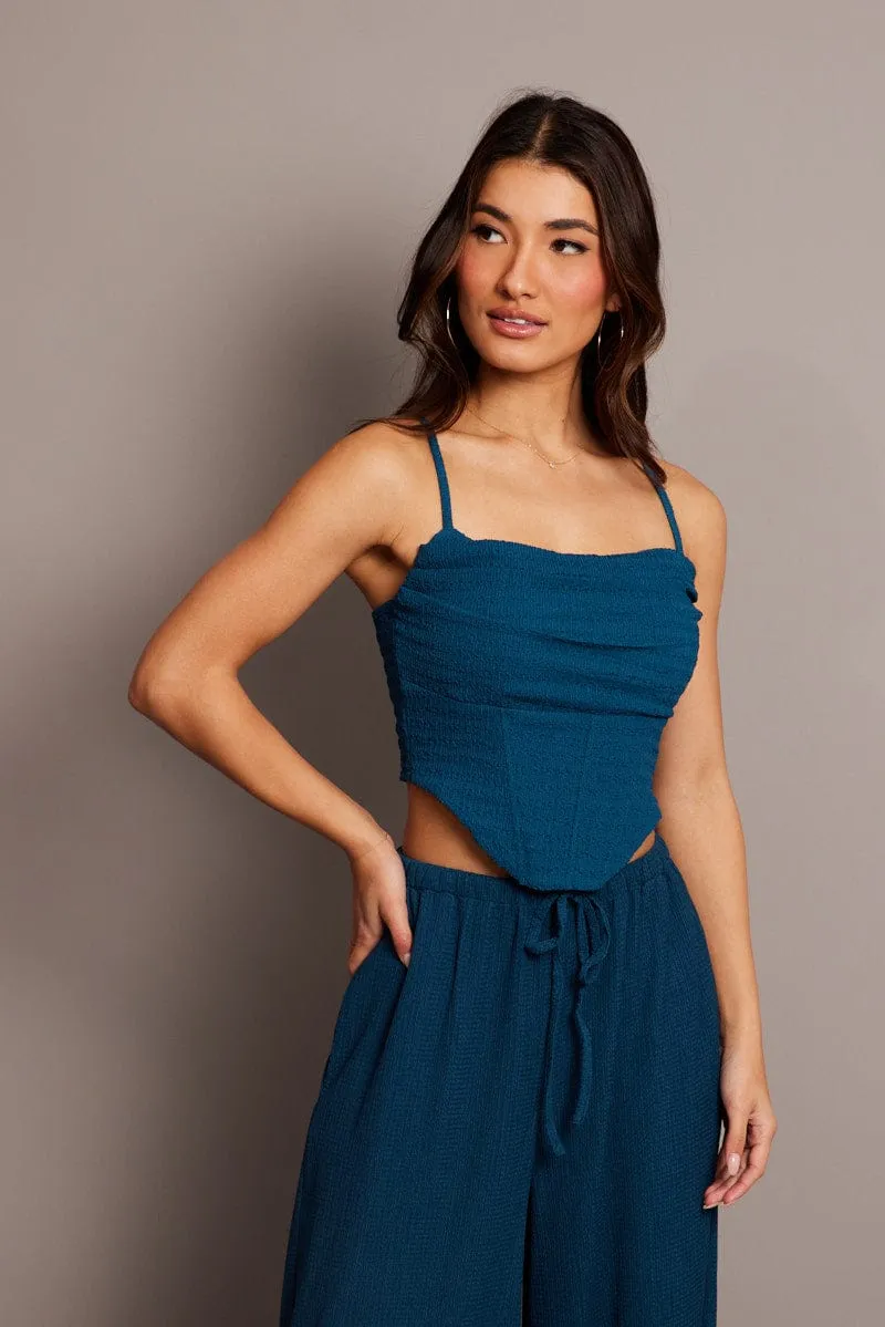 Blue Cami Top Sleeveless Cowl Neck Textured sold by Ally Fashion product image thumbnail 3