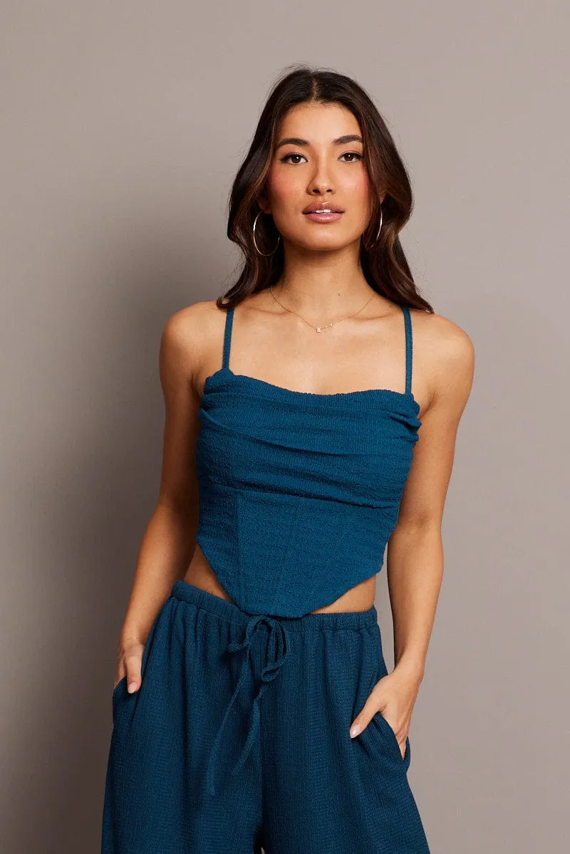 Blue Cami Top Sleeveless Cowl Neck Textured sold by Ally Fashion