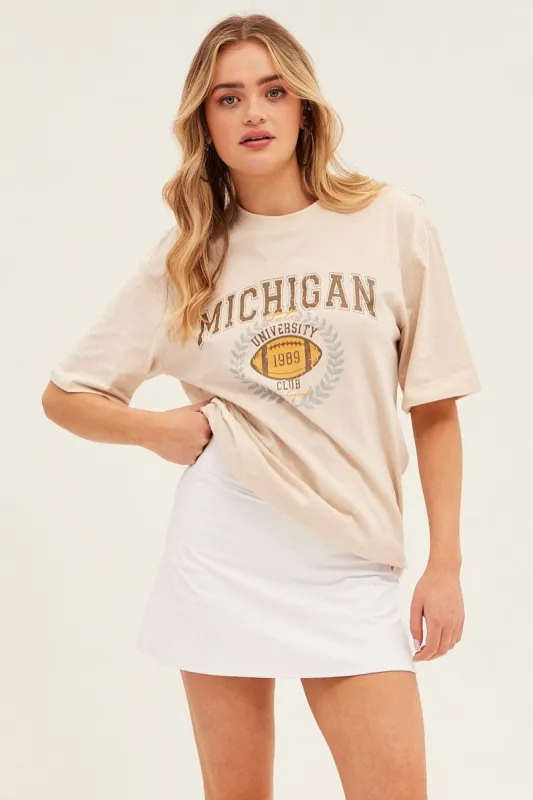 Beige Graphic T-Shirt Varsity Short Sleeve Oversized sold by Ally Fashion