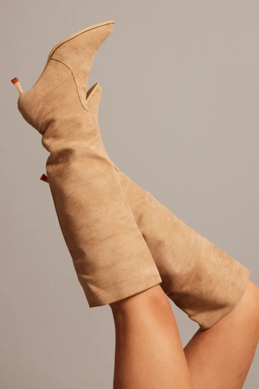 Beige Heeled Knee High Boots sold by Ally Fashion