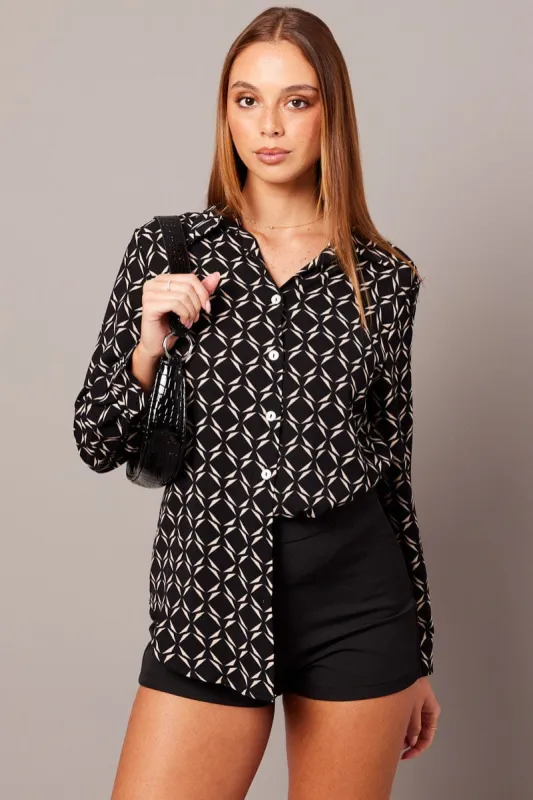 Black Geo Relaxed Shirt Long Sleeve sold by Ally Fashion