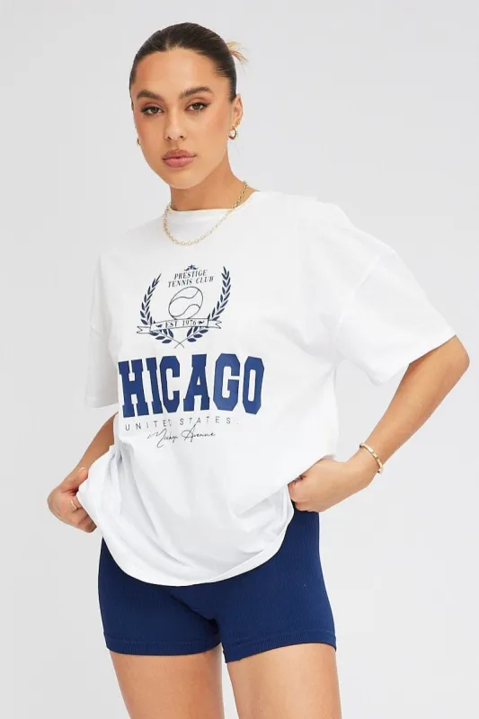 White Graphic tee Chicago Tennis Slogan Oversize t-shirt sold by Ally Fashion