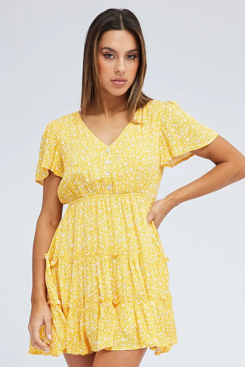 Yellow Ditsy Fit And Flare Dress Short Sleeve Mini sold by Ally Fashion product image thumbnail 3