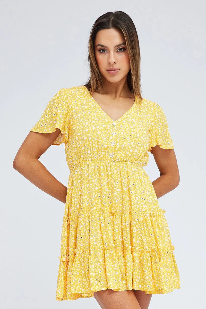 Yellow Ditsy Fit And Flare Dress Short Sleeve Mini sold by Ally Fashion