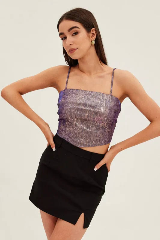 Purple Party Top Sleeveless Crop Scarf Hem Sparkly sold by Ally Fashion