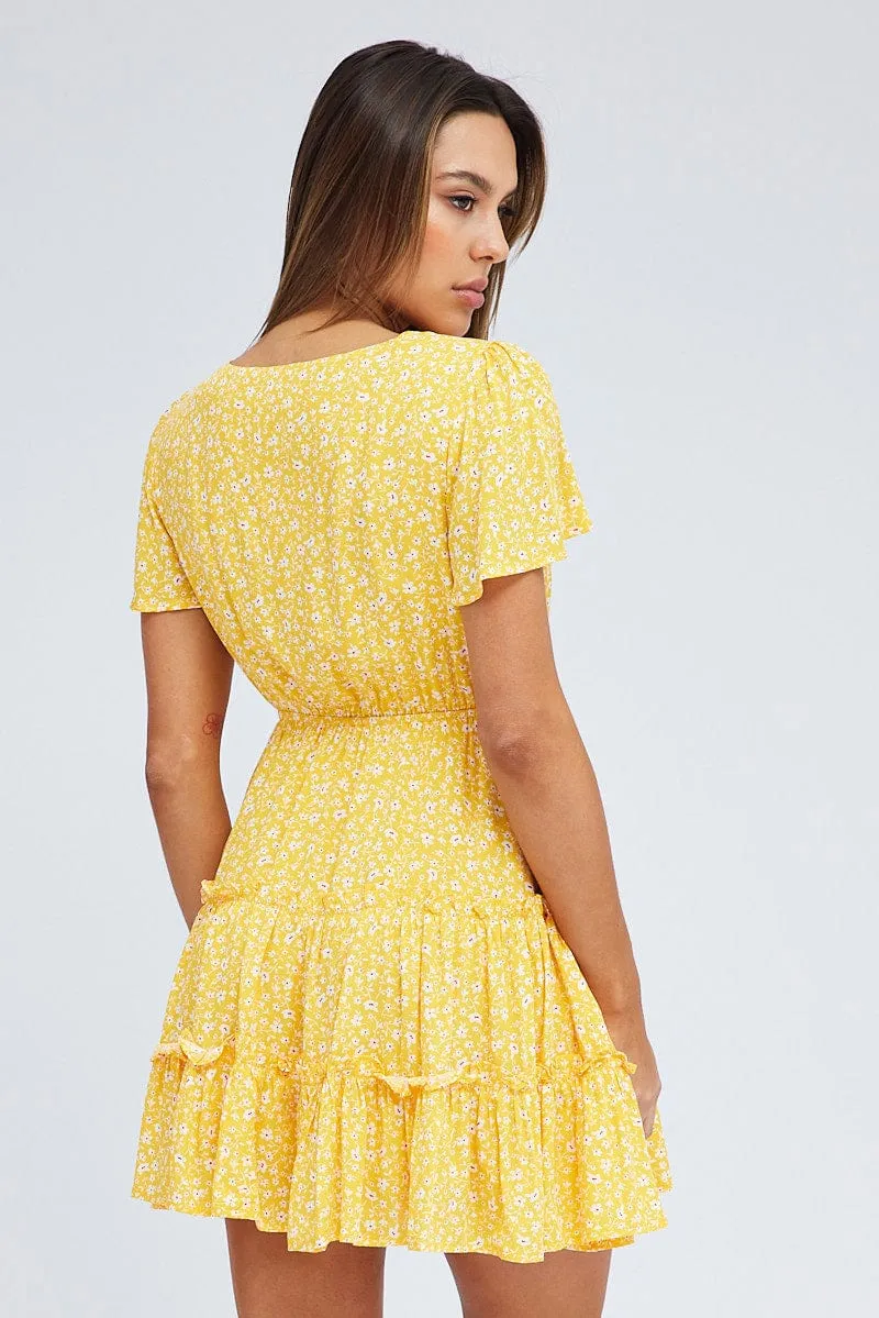 Yellow Ditsy Fit And Flare Dress Short Sleeve Mini sold by Ally Fashion product image thumbnail 5
