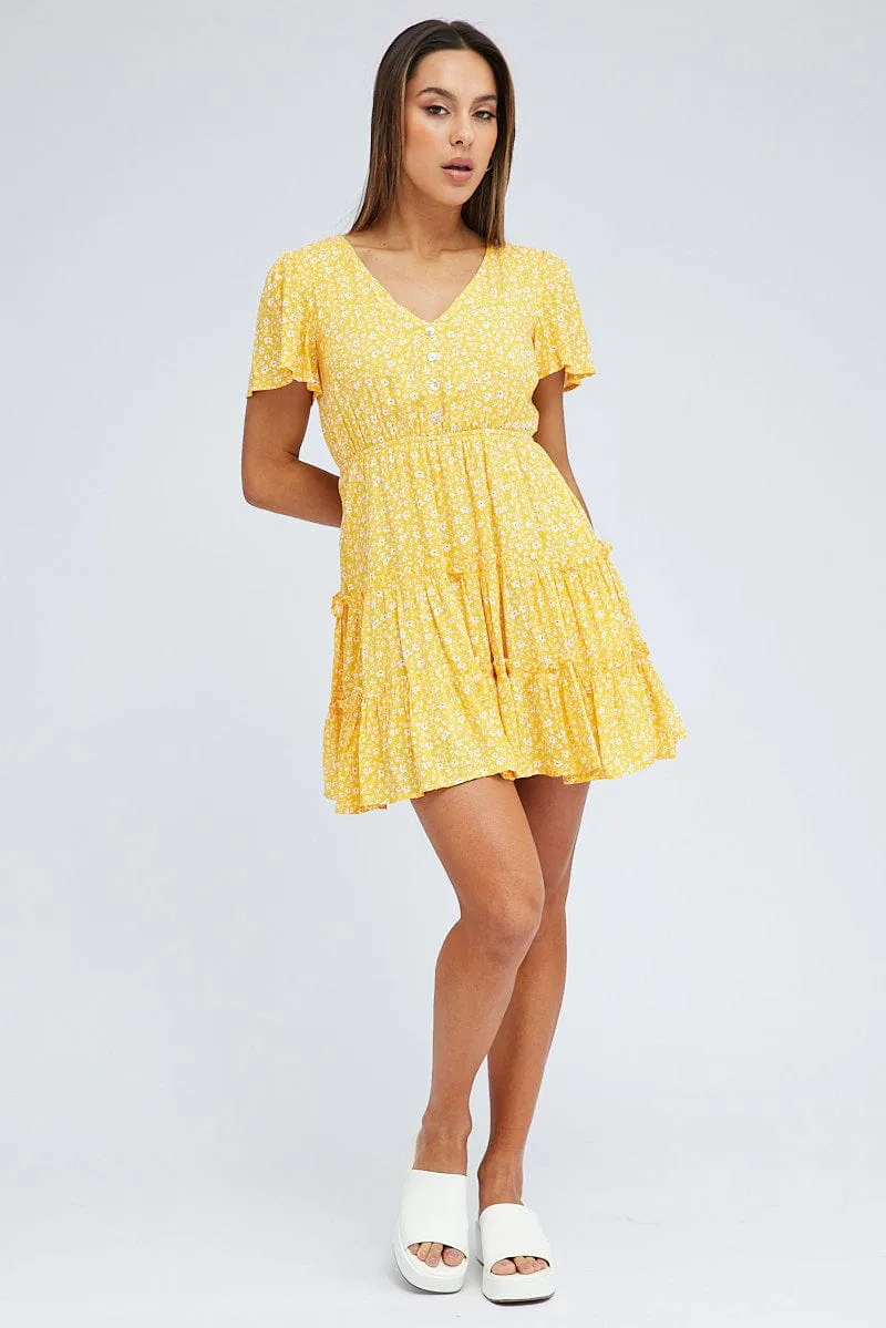 Yellow Ditsy Fit And Flare Dress Short Sleeve Mini sold by Ally Fashion product image thumbnail 2