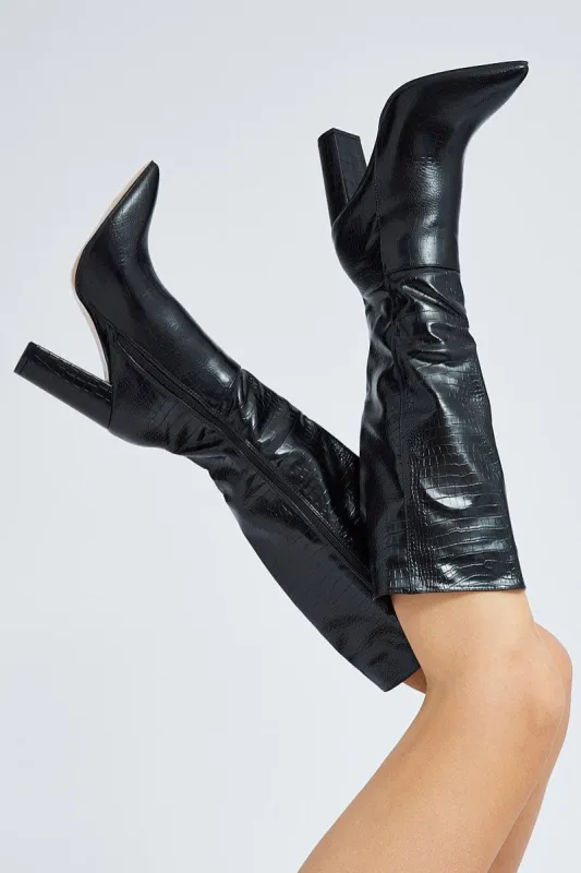 Black Heeled Knee High Boots in Croc sold by Ally Fashion