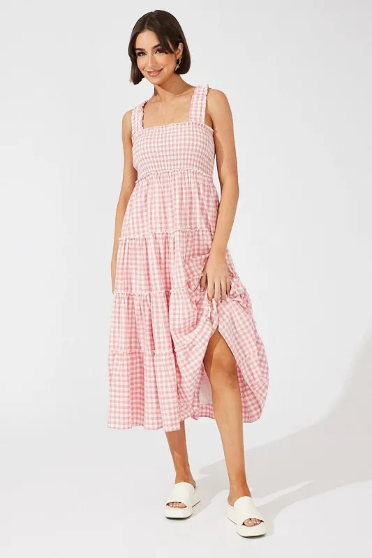 Pink Check Maxi Dress Shirred Bust Tiered sold by Ally Fashion