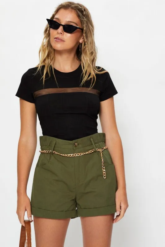 Green Paperbag Cuff Shorts sold by Ally Fashion