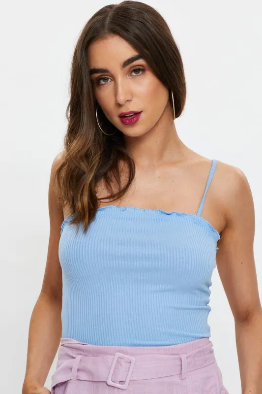 Blue Ribbed Jersey Ruffle Edge Singlet Top sold by Ally Fashion