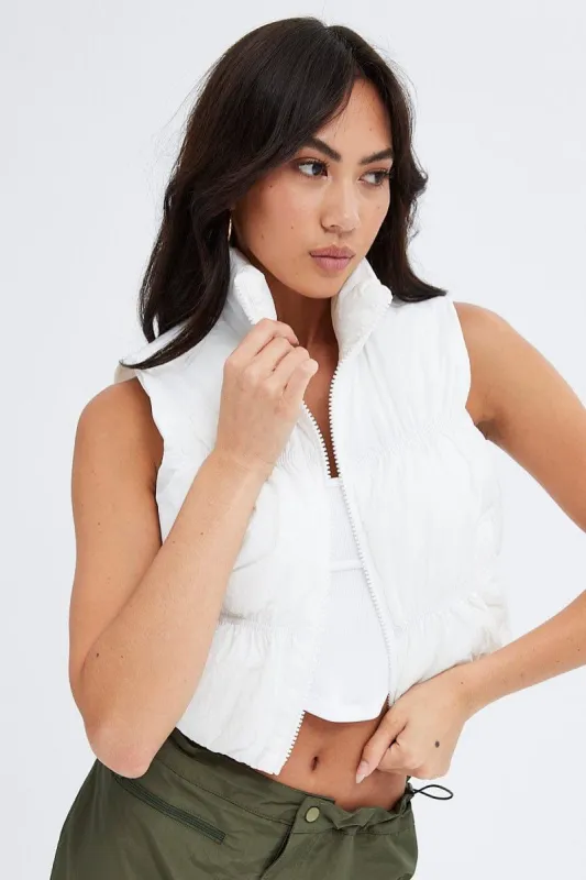 White Zip Puffer Bomber Vest sold by Ally Fashion